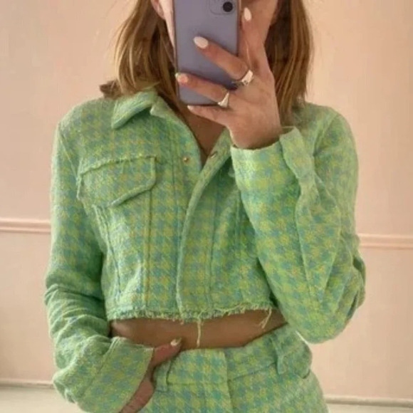 Zara Cropped Gingham Houndstooth Jacket Green Blue Size Large - Picture 2 of 9